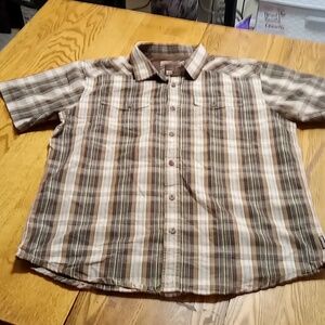 PRANA MENS Shirt XL Plaid Striped Brown Casual Work Preowned Short Sleeves Used
